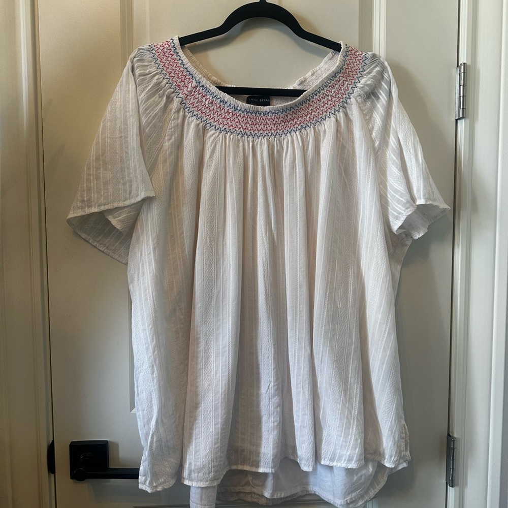 Lane Bryant White Blouse with Pink Smocked Neckline